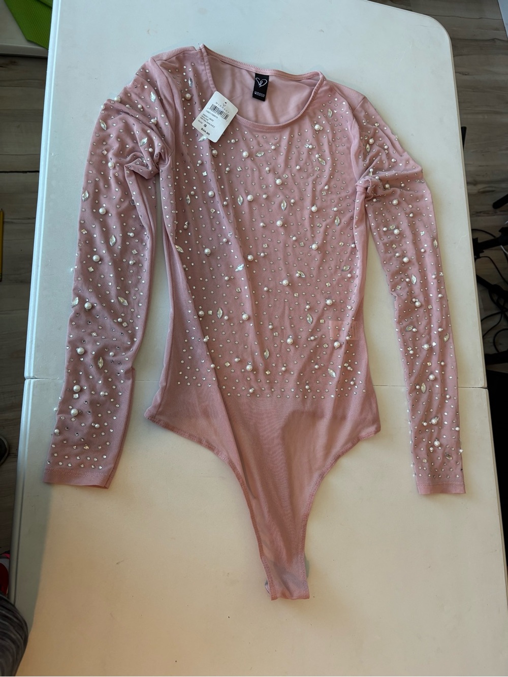 Windsor Pink Pearl & Rhinestone Long-Sleeve Bodysuit Sweater